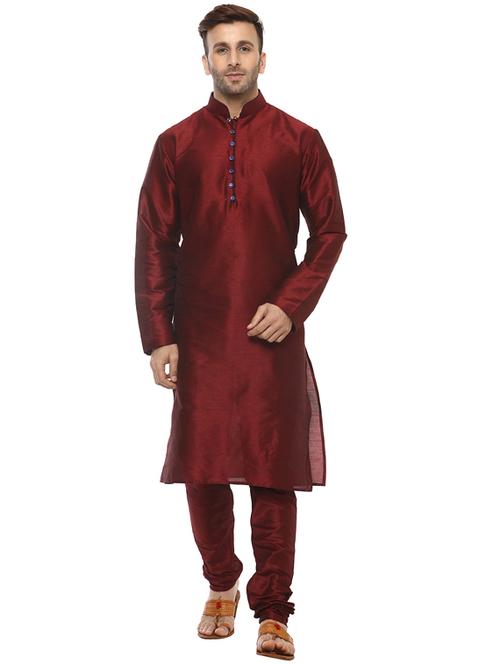 maroon silk blend kurta payjama set - 14431425 - Standard Image - 1