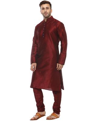 maroon silk blend kurta payjama set - 14431425 - Standard Image - 2