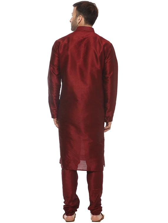 maroon silk blend kurta payjama set - 14431425 - Zoom Image - 3