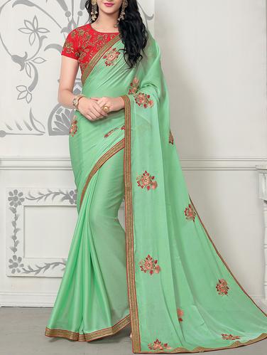 green chiffon embroidered saree - 14431840 - Very Small Image - 1