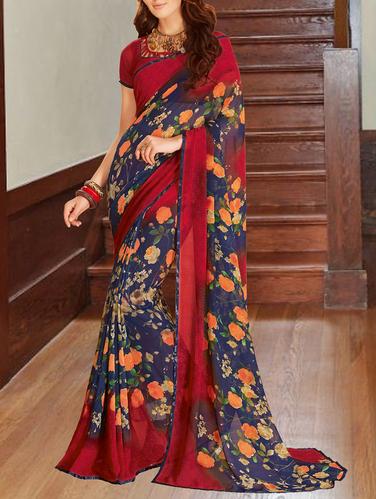 blue georgette printed saree - 14431855 - Very Small Image - 1