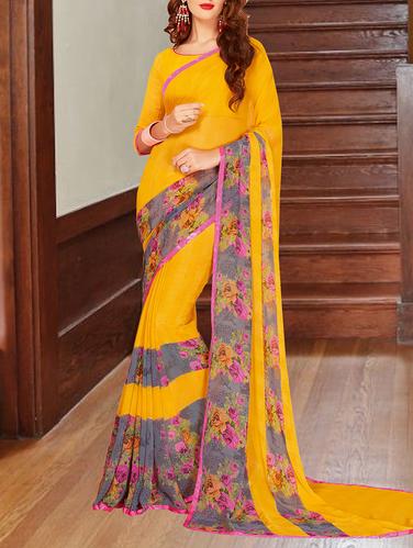 yellow georgette printed saree with blouse - 14431857 - Very Small Image - 1