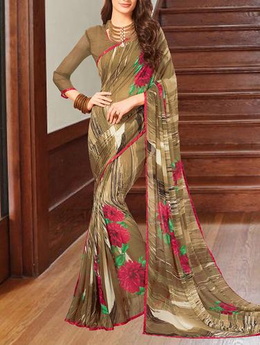 Brown printed saree with blouse - 14431859 - Very Small Image - 1