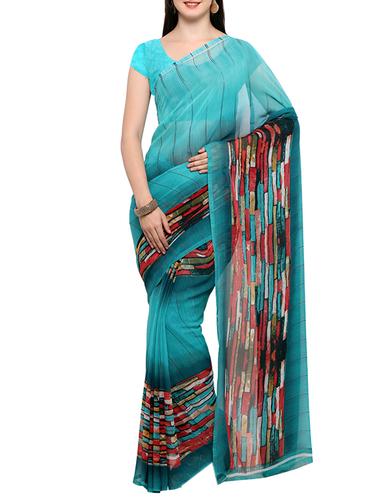 turquoise georgette printed saree with blouse - 14432645 - Very Small Image - 1