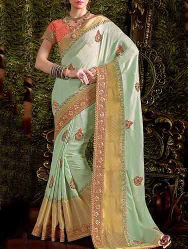 green viscose embroidered saree with blouse - 14433759 - Very Small Image - 1