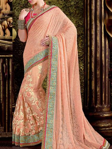peach net embroidered saree with blouse - 14433760 - Very Small Image - 1