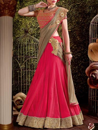 pink net embroidered lehenga saree with blouse - 14433764 - Very Small Image - 1