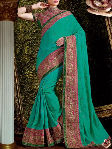 green raw silk embroidered saree with blouse - 14433767 - Very Small Image - 1