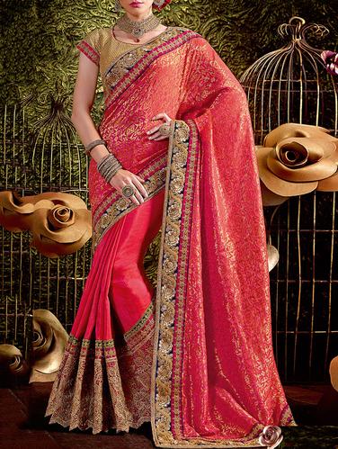 red silk embroidered saree with blouse - 14433768 - Very Small Image - 1