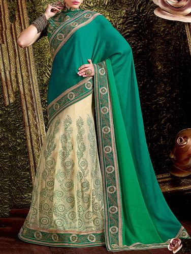 cream net embroidered lehenga saree with blouse - 14433769 - Very Small Image - 1