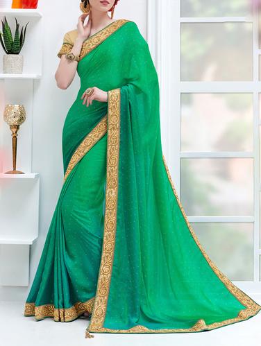 green georgette bordered saree with blouse - 14433788 - Very Small Image - 1