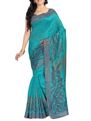 turquoise cotton silk printed saree with blouse - 14433808 - Standard Image - 1