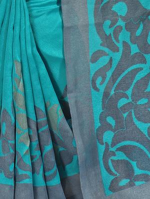 turquoise cotton silk printed saree with blouse - 14433808 - Standard Image - 2