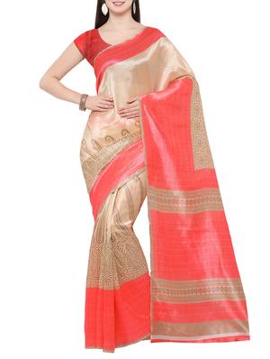 beige cotton silk printed saree with blouse - 14433812 - Standard Image - 1