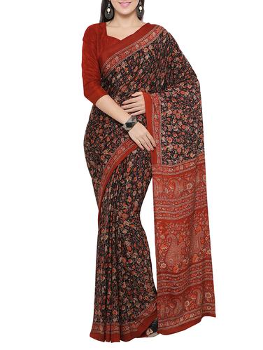 black crepe printed saree with blouse - 14433816 - Very Small Image - 1