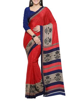 red crepe printed saree with blouse - 14433820 - Standard Image - 1