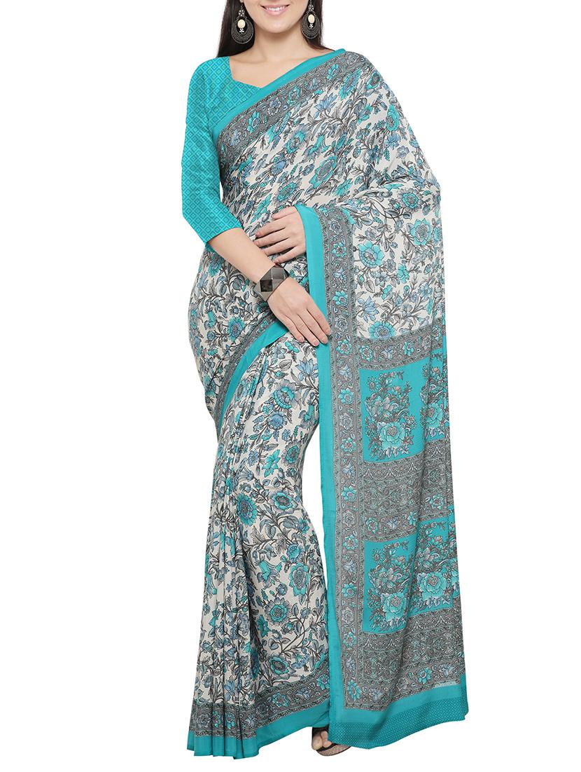 beige crepe printed saree with blouse - 14433822 - Zoom Image - 1