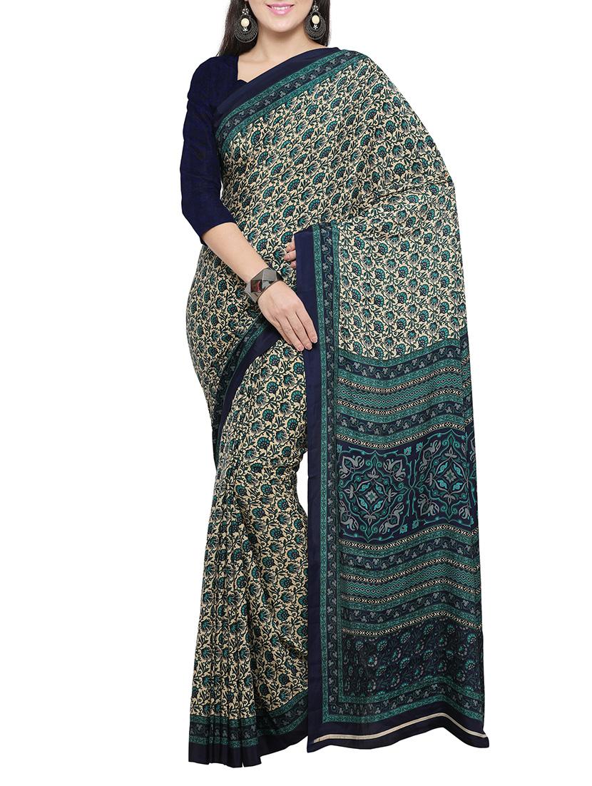 beige crepe printed saree with blouse - 14433828 - Zoom Image - 1