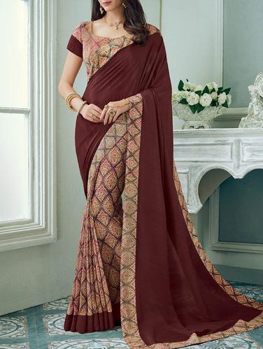 brown crepe half & half saree with blouse - 14433916 - Very Small Image - 1
