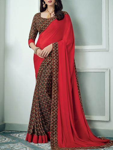 red crepe half & half saree with blouse - 14433917 - Very Small Image - 1