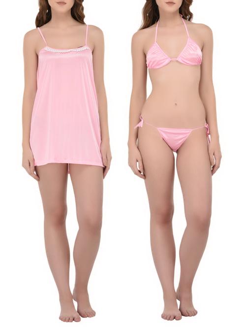 pink satin sleepshirt with bra panty set - 14434092 - Standard Image - 1
