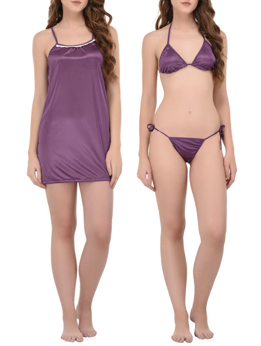 purple satin sleepshirt with bra panty set - 14434093 - Zoom Image - 1