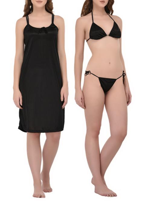black satin sleepshirt with bra panty set - 14434169 - Very Small Image - 1