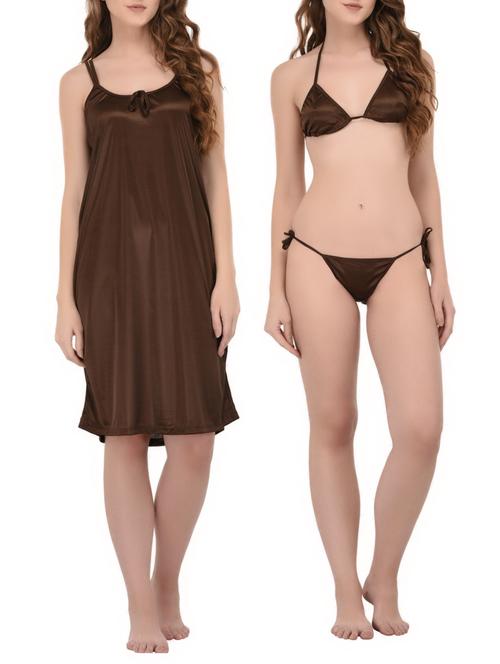 brown satin sleepshirts with bra panty set - 14434171 - Standard Image - 1