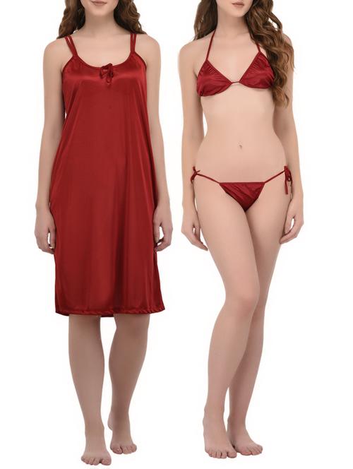 red satin sleepshirt with bra panty set - 14434175 - Standard Image - 1
