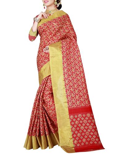 red linen woven saree with blouse - 14434214 - Very Small Image - 1