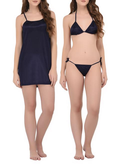 navy blue satin sleepshirt with bra panty set - 14434716 - Standard Image - 1