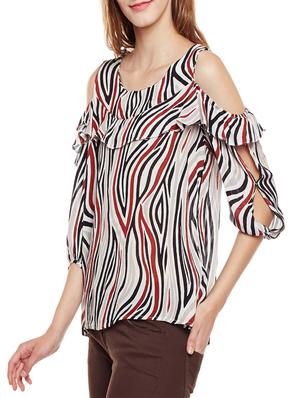 ruffled trim cold shoulder top - 14438493 - Standard Image - 2