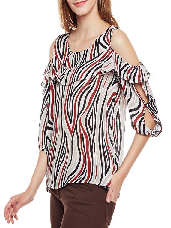 ruffled trim cold shoulder top - 14438493 - Zoom Image - 2