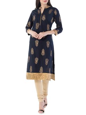 blue cotton straight kurta - 14438514 - Standard Image - 1