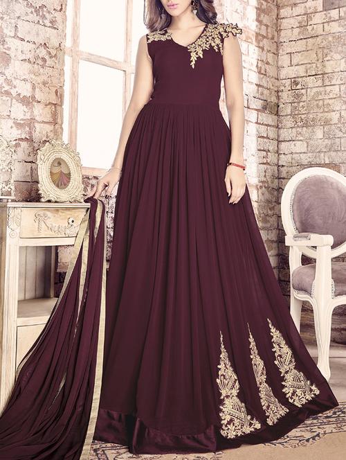 brown georgette semi-stitched flared suit - 14440986 - Very Small Image - 1