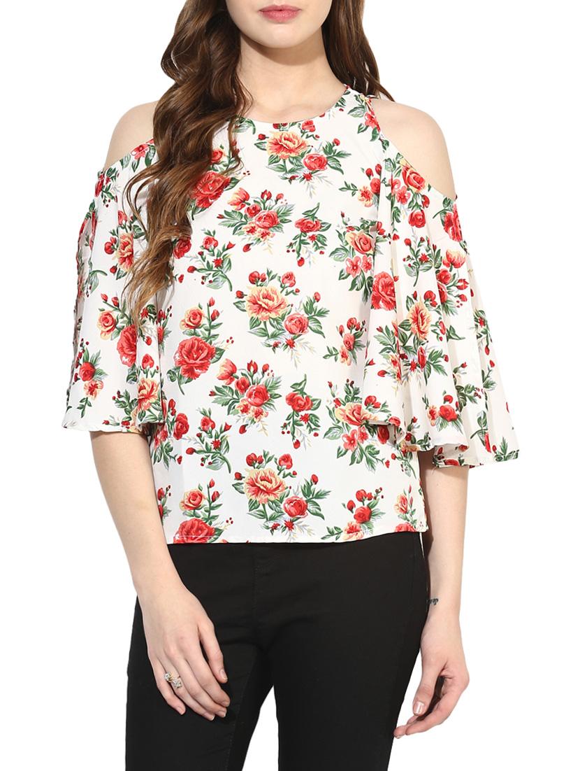 white printed cold shoulder top