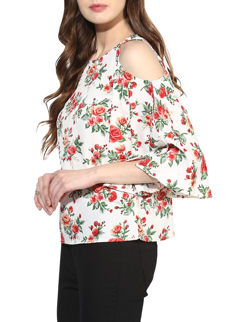 white printed cold shoulder top - 14441229 - Zoom Image - 2