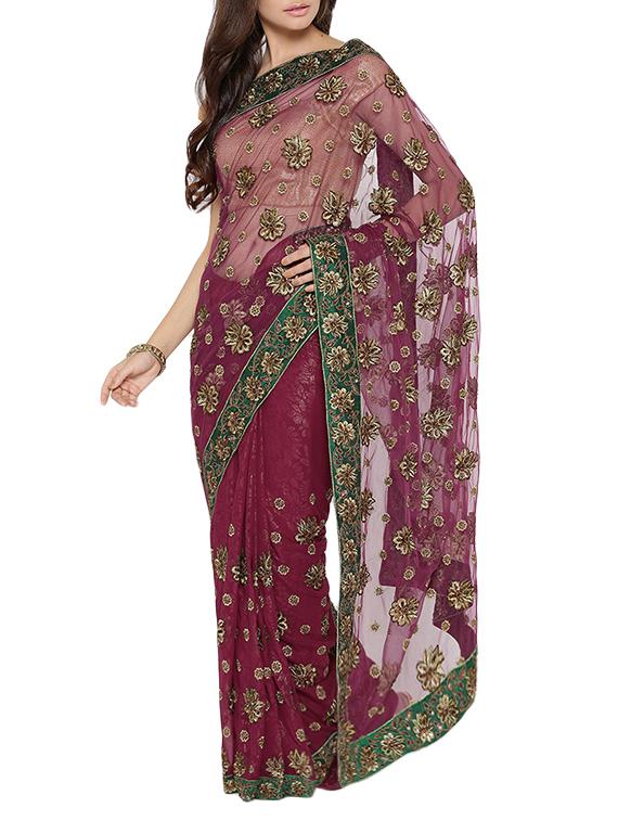 magenta embroidered saree with blouse - 14443198 - Zoom Image - 1