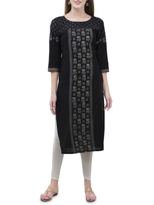 black cotton straight kurta - 14443930 - Standard Image - 1