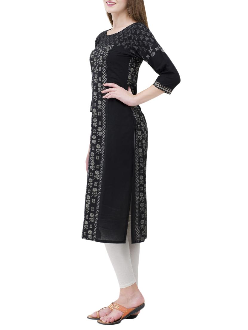 black cotton straight kurta - 14443930 - Zoom Image - 2