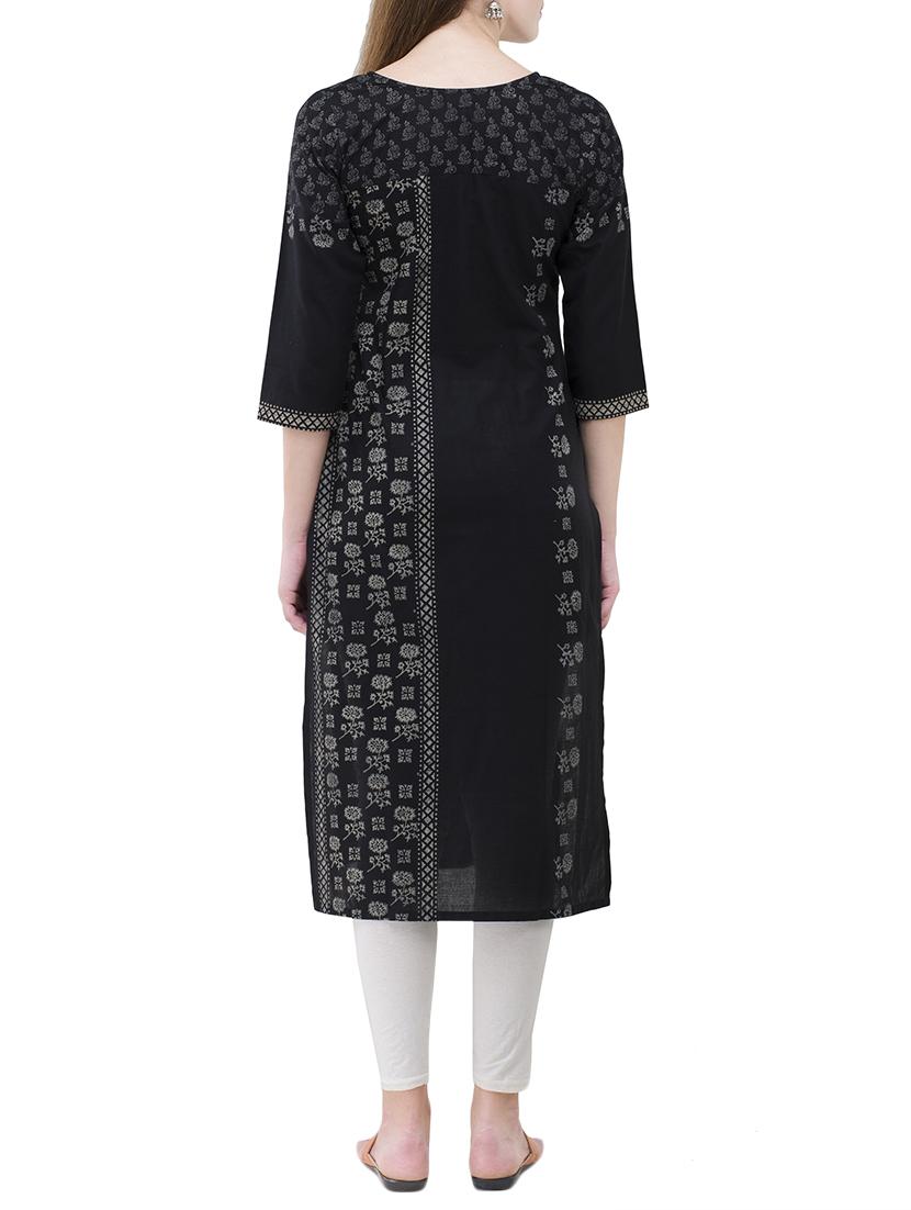 black cotton straight kurta - 14443930 - Zoom Image - 3