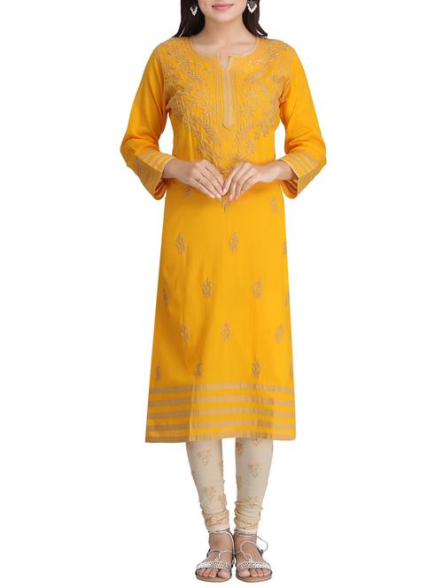 ada mustard cotton straight kurta - 14445588 - Standard Image - 1