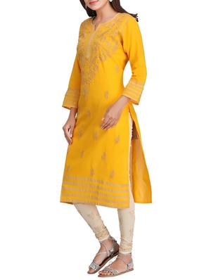 ada mustard cotton straight kurta - 14445588 - Standard Image - 2