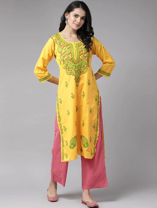 ada yellow cotton straight kurta - 14445590 - Standard Image - 1