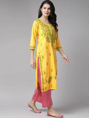 ada yellow cotton straight kurta - 14445590 - Standard Image - 2