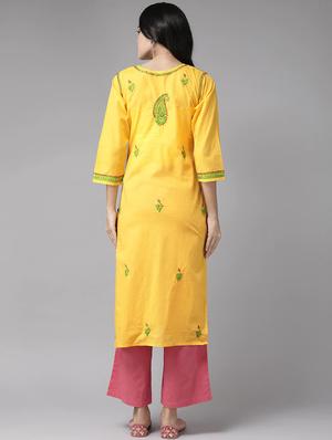 ada yellow cotton straight kurta - 14445590 - Standard Image - 3