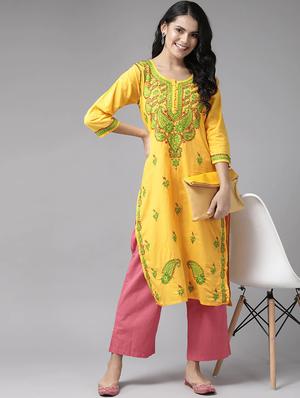 ada yellow cotton straight kurta - 14445590 - Standard Image - 4