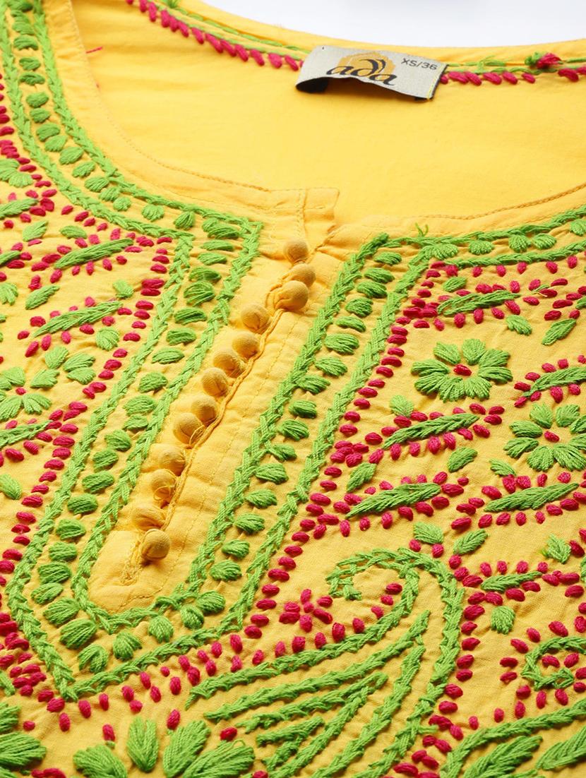 ada yellow cotton straight kurta - 14445590 - Zoom Image - 5