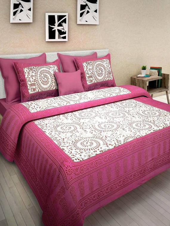 pure cotton rajasthani traditional double bed sheet with 2 pillow covers - 14446456 - Zoom Image - 1
