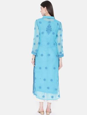 blue georgette straight kurta - 14450055 - Standard Image - 3